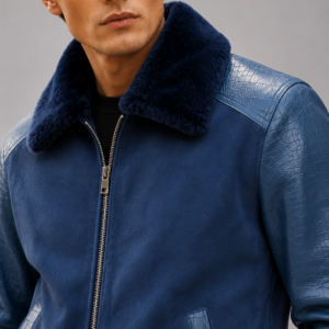 Navy Blue Croco Leather Aviator Jacket | Men's Shearling Collar Bomber Jacket