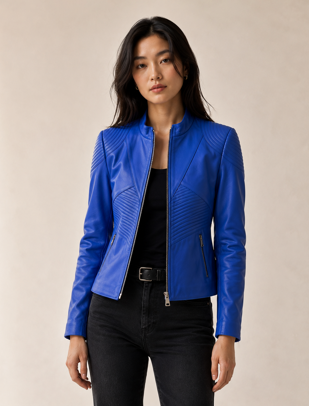 Royal Blue Leather Racer Jacket | Women's Quilted Moto Jacket