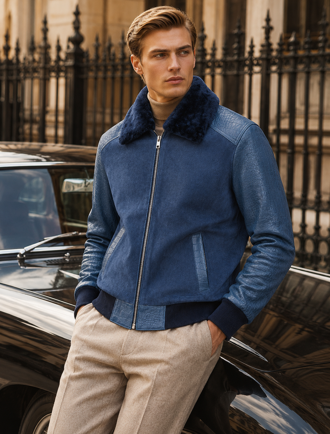 Navy Blue Croco Leather Aviator Jacket | Men's Shearling Collar Bomber Jacket