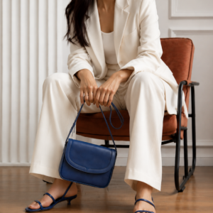 Minimalist Royal Blue Leather Flap Crossbody Bag | Modern Shoulder Bag