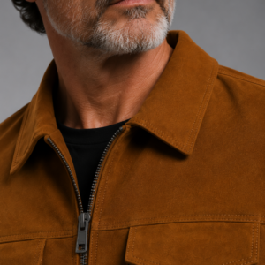 Classic Brown Suede Workwear Jacket | Men's Zip-Front Utility Shirt Jacket