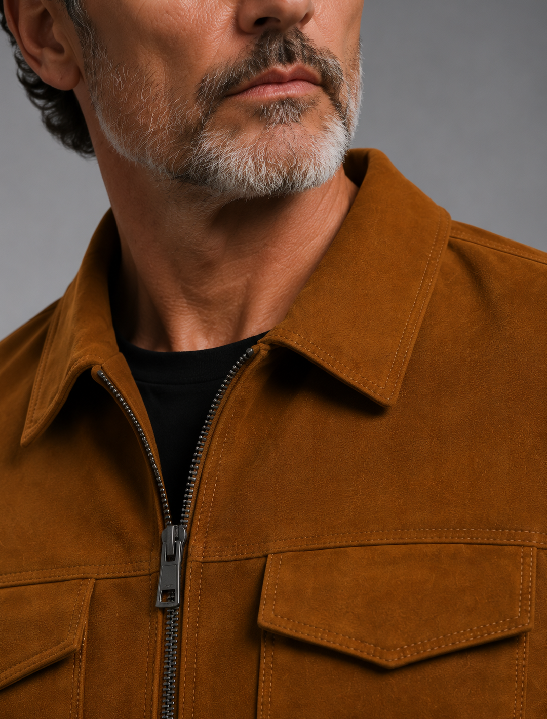 Classic Brown Suede Workwear Jacket | Men's Zip-Front Utility Shirt Jacket
