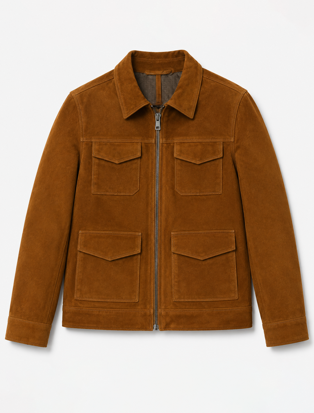 Classic Brown Suede Workwear Jacket | Men's Zip-Front Utility Shirt Jacket