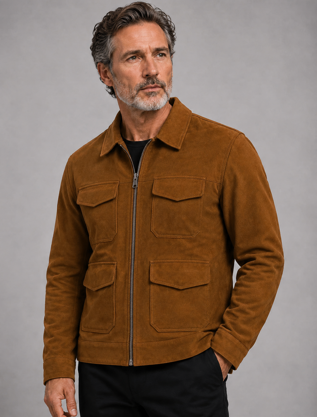 Classic Brown Suede Workwear Jacket | Men's Zip-Front Utility Shirt Jacket