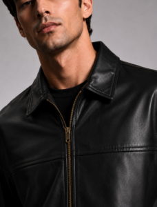 Classic Black Leather Jacket | Unisex Zip-Front Shirt Collar Jacket