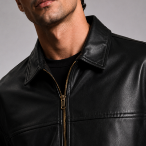 Classic Black Leather Jacket | Unisex Zip-Front Shirt Collar Jacket