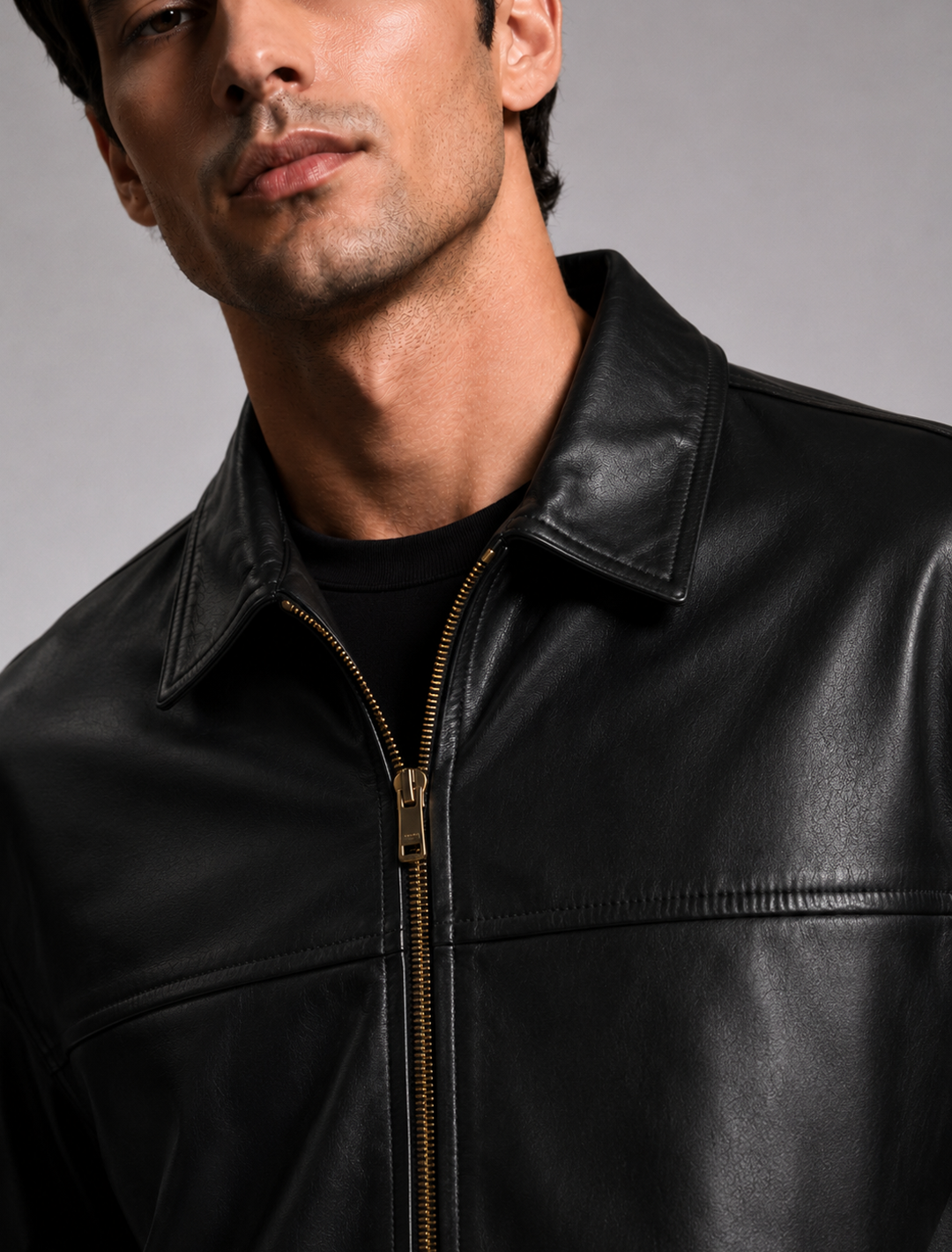 Classic Black Leather Jacket | Unisex Zip-Front Shirt Collar Jacket