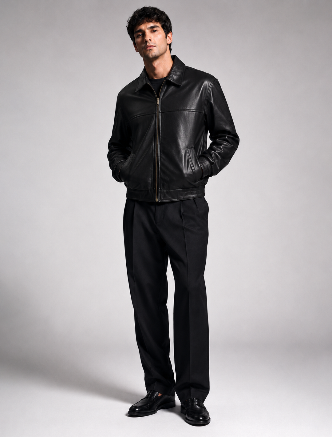 Classic Black Leather Jacket | Unisex Zip-Front Shirt Collar Jacket