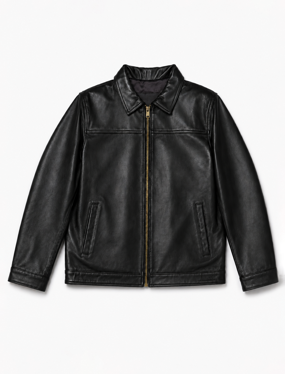 Classic Black Leather Jacket | Unisex Zip-Front Shirt Collar Jacket