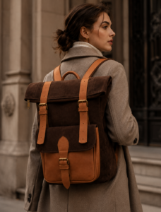 Dark Brown Suede and Leather Roll-Top Backpack | Minimalist Travel Backpack