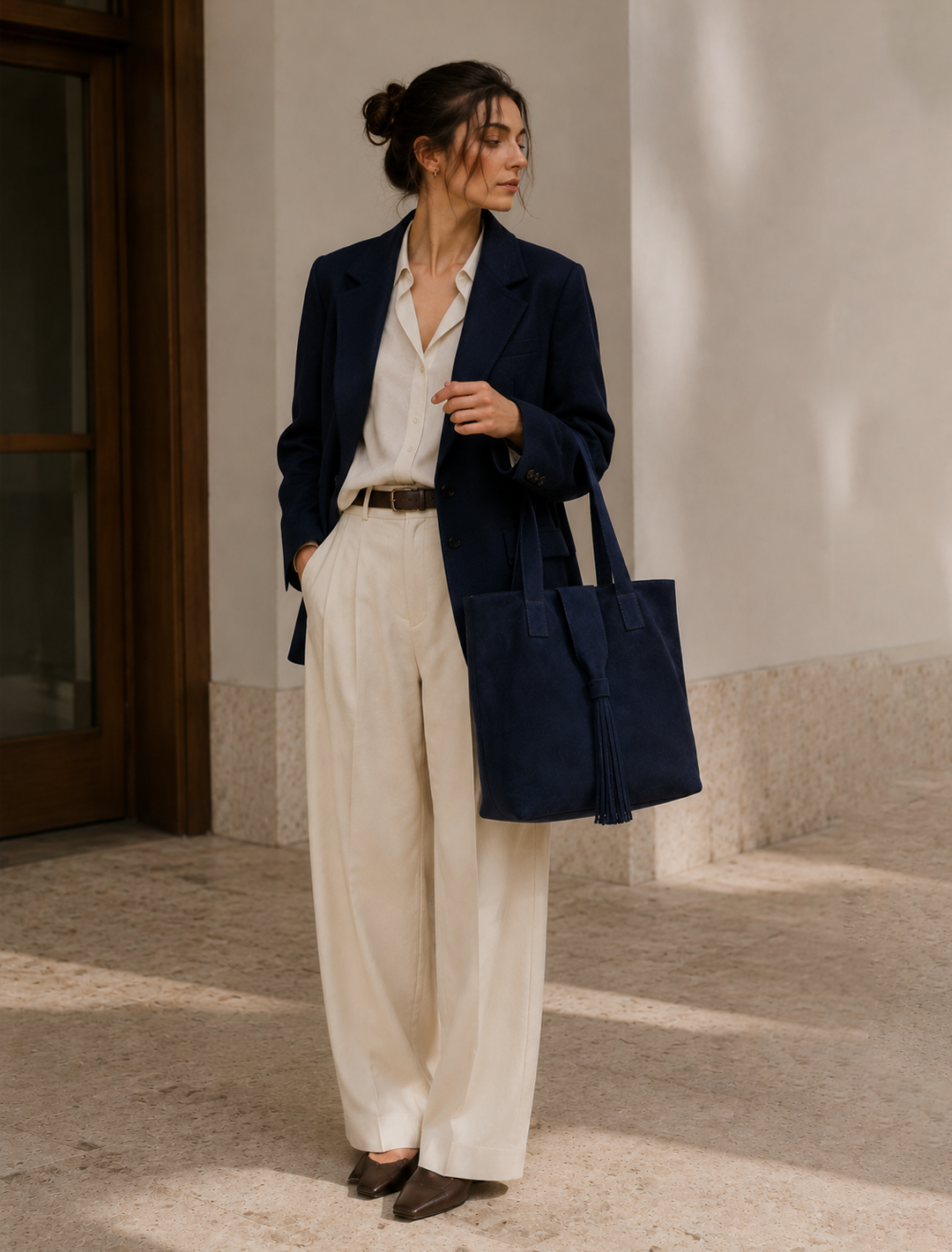 Large Navy Blue Suede Tote Bag | Tassel Shoulder Bag