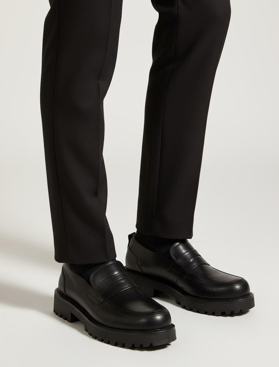 Urban Chunky Black Leather Loafers | Premium Lug-Sole Penny Slip-Ons