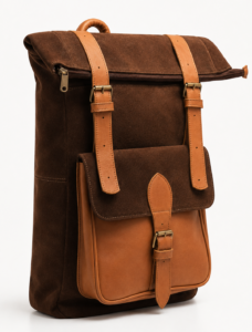 Dark Brown Suede and Leather Roll-Top Backpack | Minimalist Travel Backpack