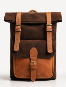 Dark Brown Suede and Leather Roll-Top Backpack | Minimalist Travel Backpack