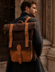 Dark Brown Suede and Leather Roll-Top Backpack | Minimalist Travel Backpack